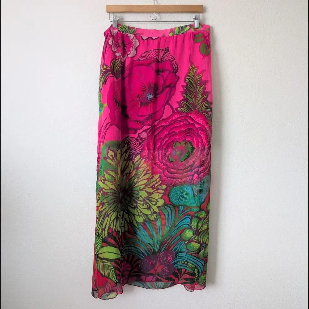 Desigual Skirt Womens 44 /‎ US XL Pink Floral Midi Sheer Slits Beachy Vacation